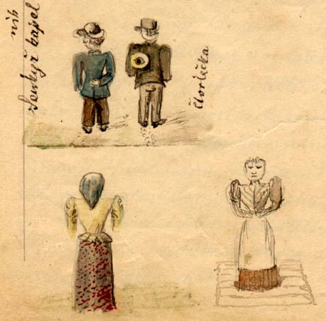 vlevo nahoře Šenkýř kapelník, vpravo nahoře Čtvrtečka (Alois Beer z Dobrušky, rok 1893)
