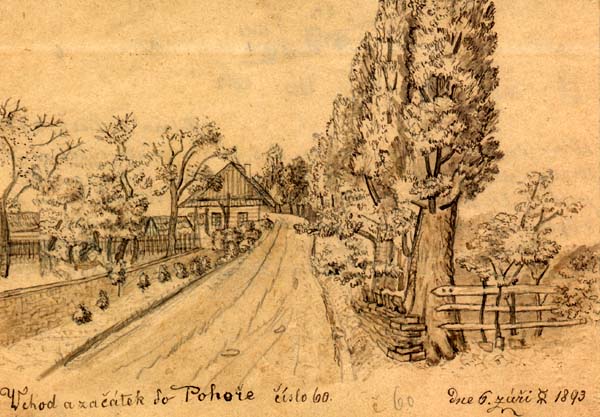 vchod a začátek do Pohoře, vlevo čp. 60 na mapě (Alois Beer z Dobrušky, rok 1893)