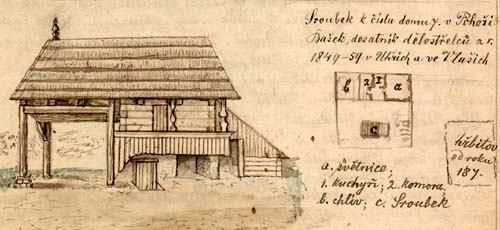 Sroubek k číslu domu 7 v Pohoří - Bašek, desátník dělostřelců z r. 1849 - 1859 v Uhřích a ve Vlašich (Alois Beer z Dobrušky, rok 1893)
