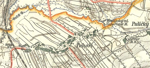 Mapa c.k. okresního hejtmanství Novoměstského n/M - detail Pohoří (rok 1884)