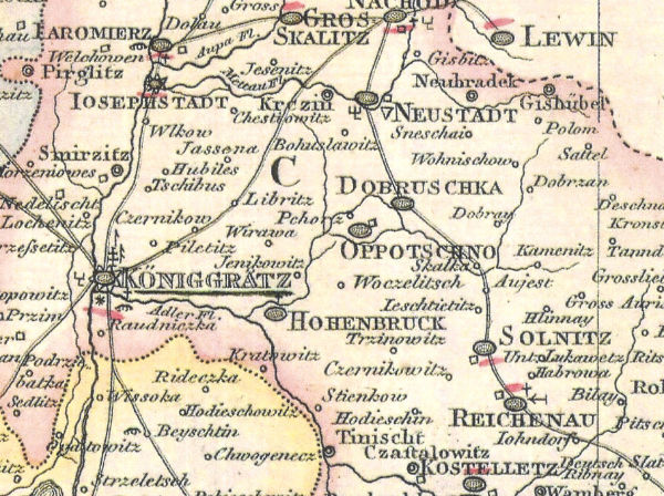 Mapa poštovních stanic a cest ve východních Čechách (rok 1803)