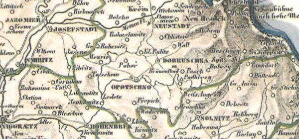 Mapa poštovních stanic a cest ve východních Čechách (rok 1850)