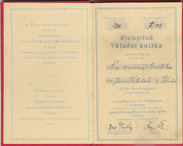 vkladní knížka na opravu kostela (rok 1944 - 1946)