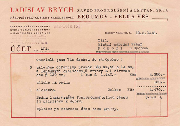 účet - skleněné ciferníky (rok 1948)