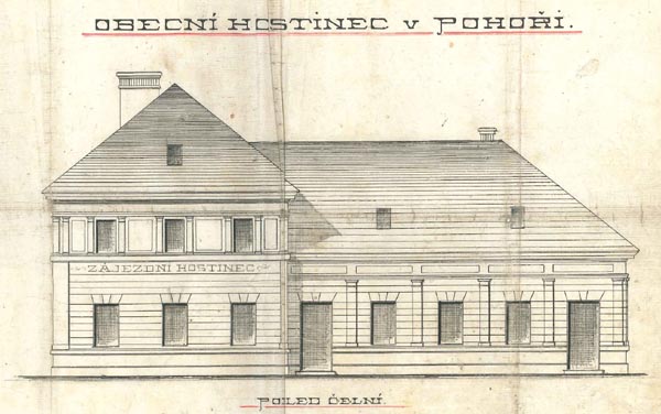 stavební plán obecního hostince v Pohoří - čelní pohled (rok 1893)