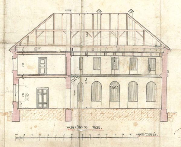 stavební plán obecního hostince v Pohoří - průřez AE (rok 1893)