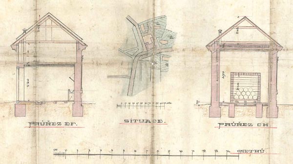 stavebn pln obecnho hostince v Poho - prez EF, CH, situace (rok 1893)