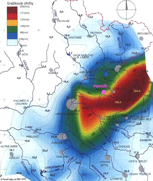 mapa plošného rozložení srážek za 24 hodin (rok 1998)