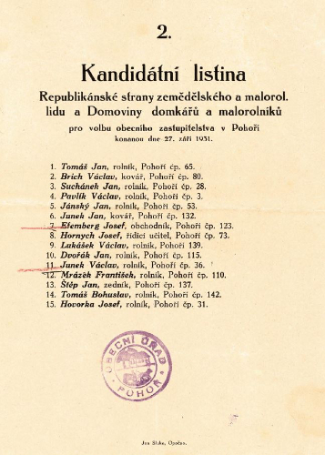 Volební lístek do obecního zastupitelstva (1931)