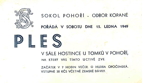 Sokol Pohoří - odbor kopané - pozvánka na ples  (rok 1949)